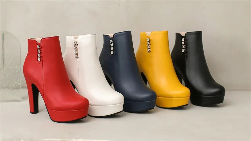 Damen-Stiefeletten mit Kristallblumenmuster, hohem Absatz und Reißverschluss für den Winter