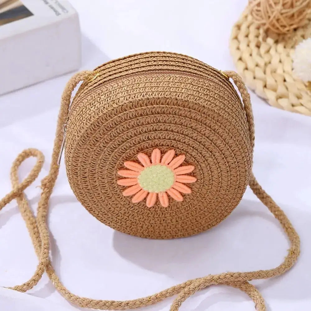 Sac à main rond en paille tressée – Motifs bonbons – Bandoulière fait main