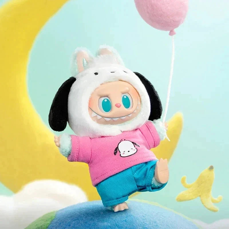 Porte-clés peluche Labubu Hello Kitty, Sanrio x POP MART – hoodie rose et pantalon bleu