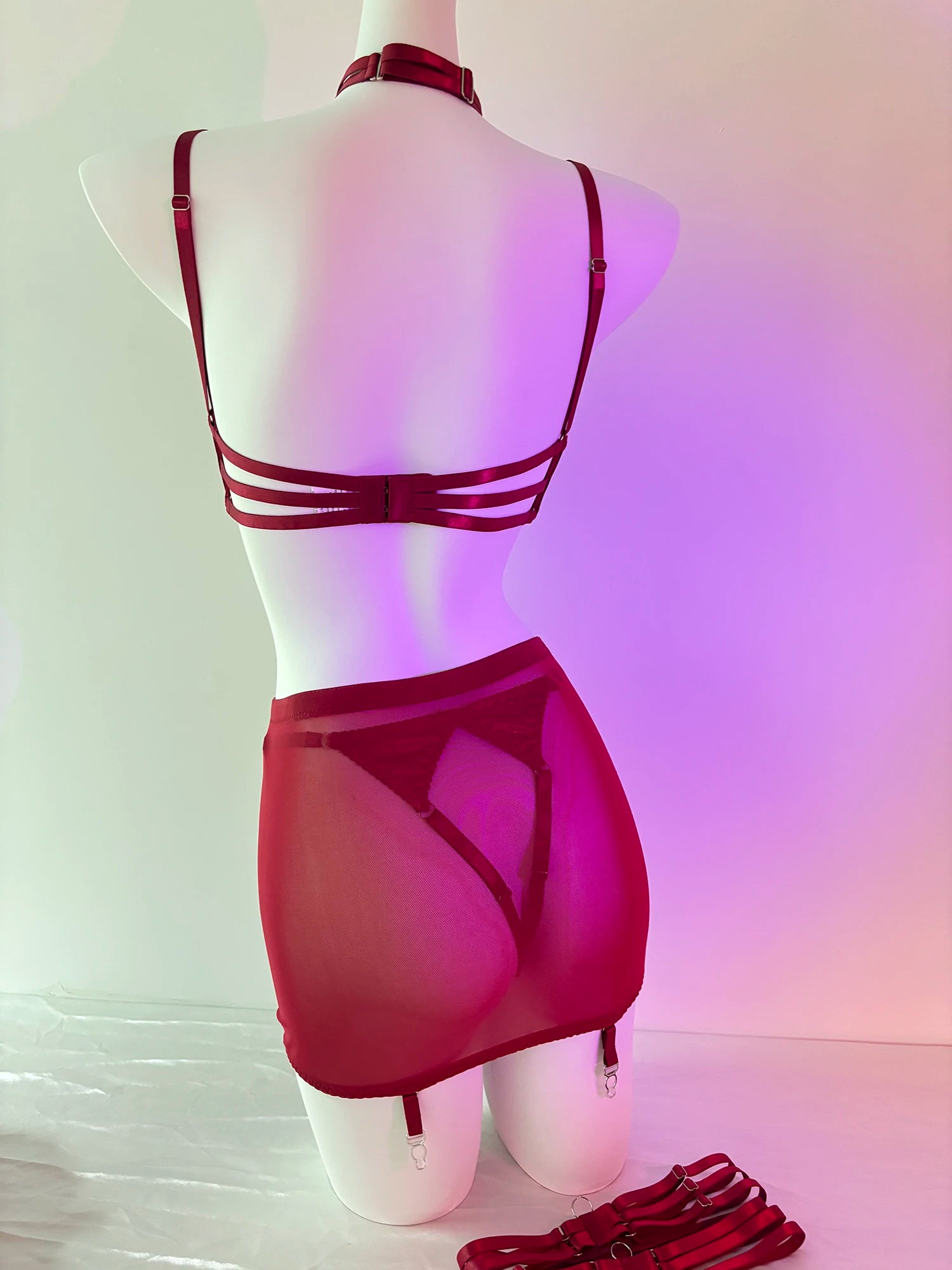 Ellolace Dessous-Set, feiner Satin und Spitze, Rot, 5-teilig