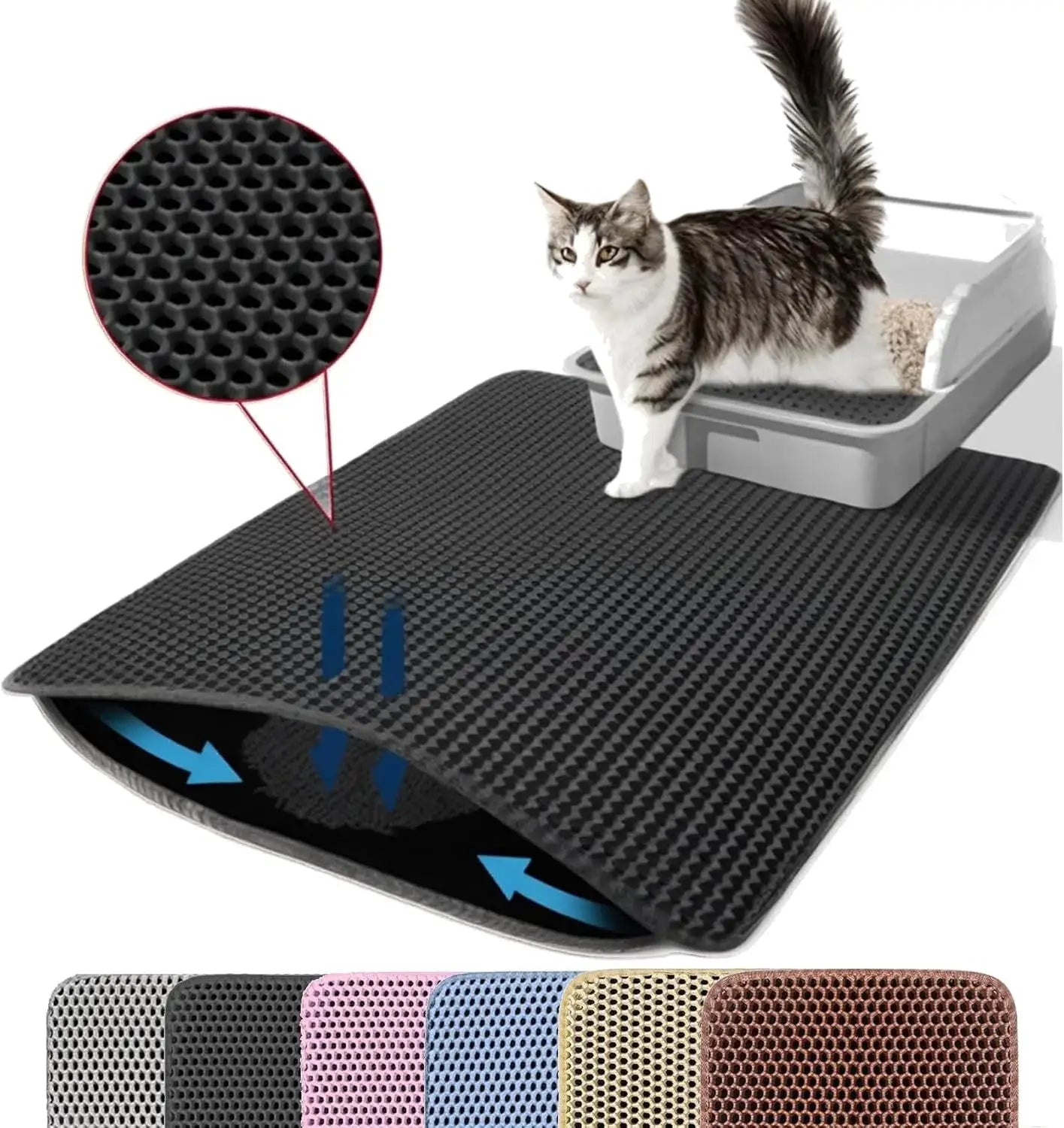 Tapis de litière pour chat double couche antidérapant, noir et imperméable, devant le bac à litière.