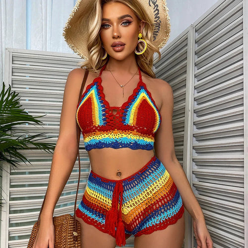 Bikini crochet rayé multicolore Valorine par Les Secrets de Léa – haut triangle et short taille haute