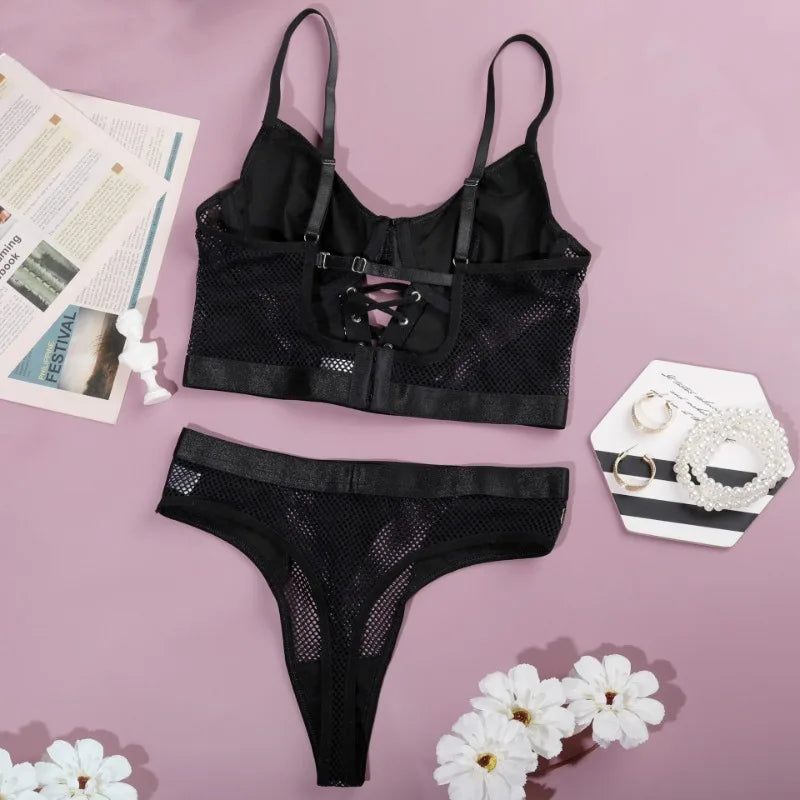 Tornova Lingerie Schwarzes Patchwork-Bustier und Höschen aus PU-Leder mit Schnürung