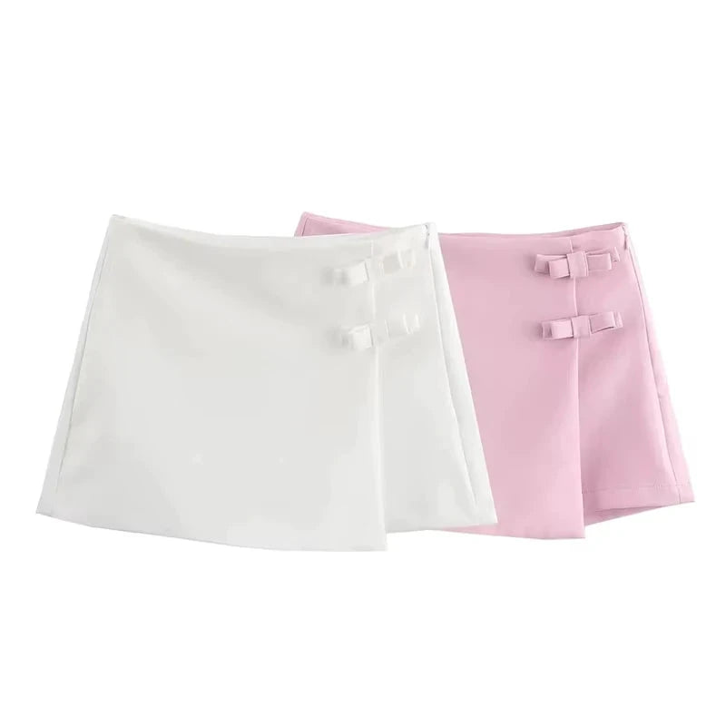 Skort court femme LSDLBoutique, blanc et rose pastel, noeuds sur les côtés, lot de 2