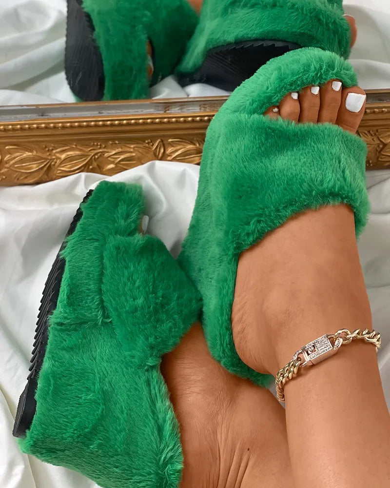 Damen-Plateau-Slipper mit Kunstfell und dickem Absatz