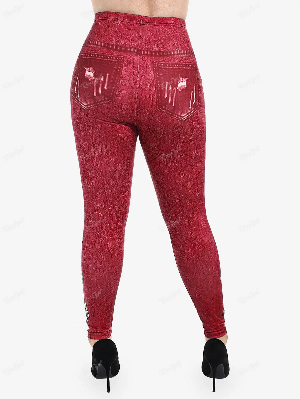 Gothic Leggings in Übergröße 5XL, bedruckte Schnallen, 3D-Reißverschluss, Pink