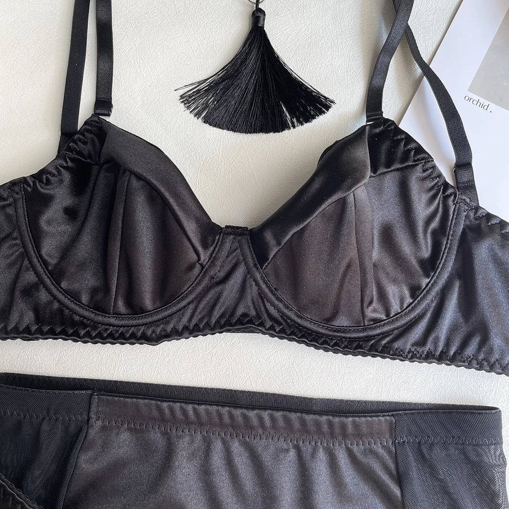 Ellolace Dessous-Set, feiner Satin und Spitze, Rot, 5-teilig