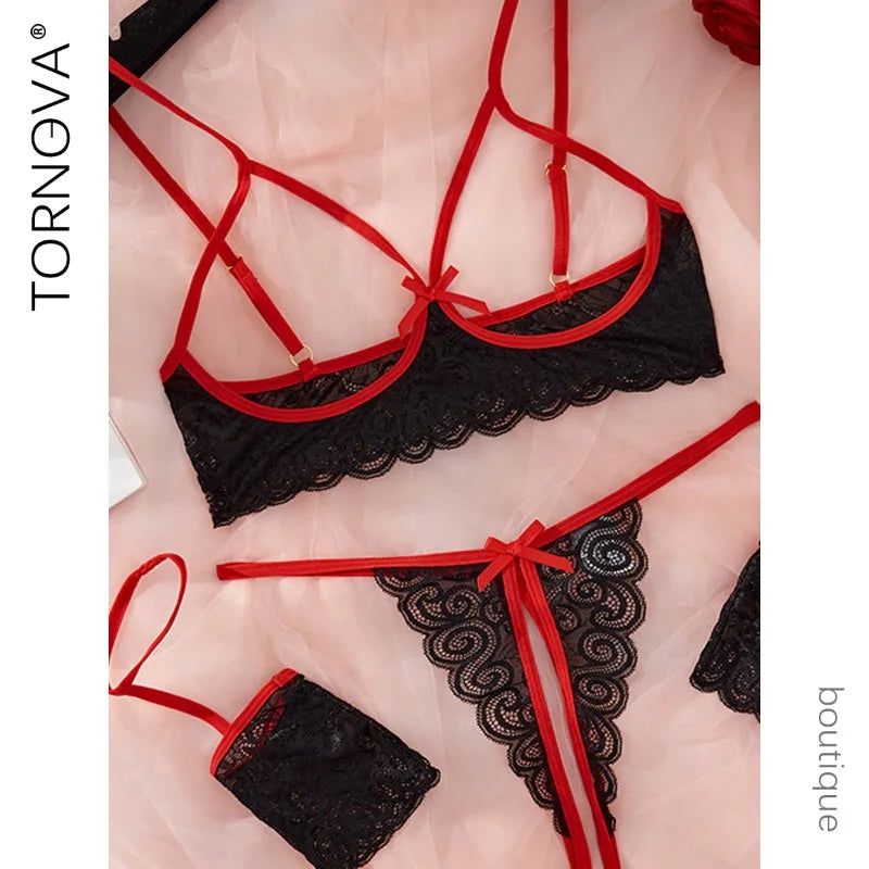 Tornova Lingerie Spitzen-Schleifen-Strumpfband Schwarz Rot