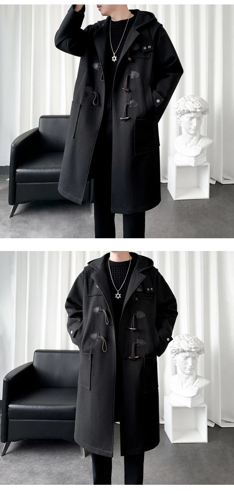 MISNIK Manteau Long Polyester Noir Café Fermeture Toggle