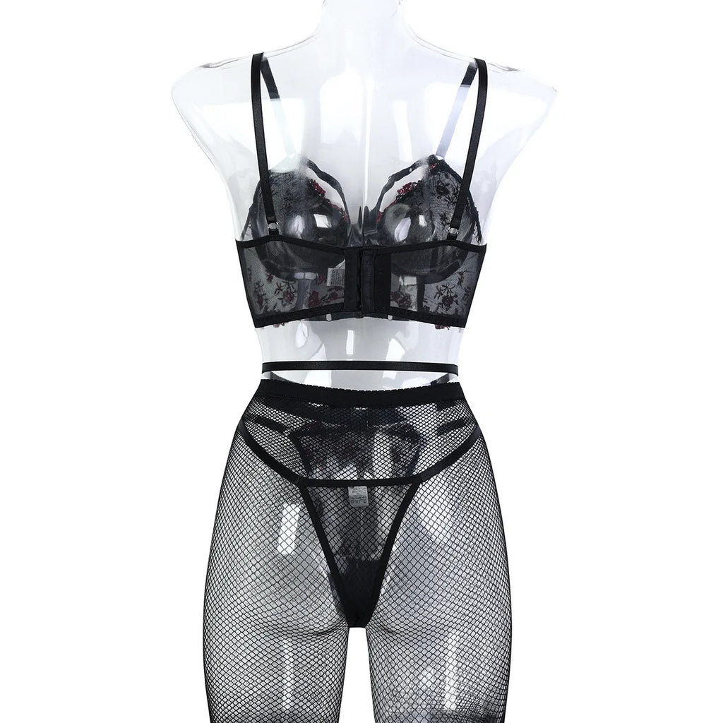 Diccvicc Korsett-Set mit floraler Spitze, Bandagen-Dessous, Schwarz Rot