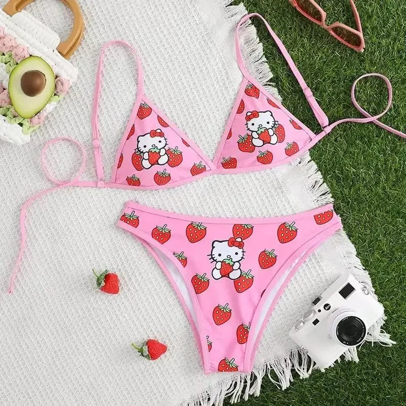 Kawaii Cosplay Two-Piece Bikini with Cat Print – Kuromi Y2K