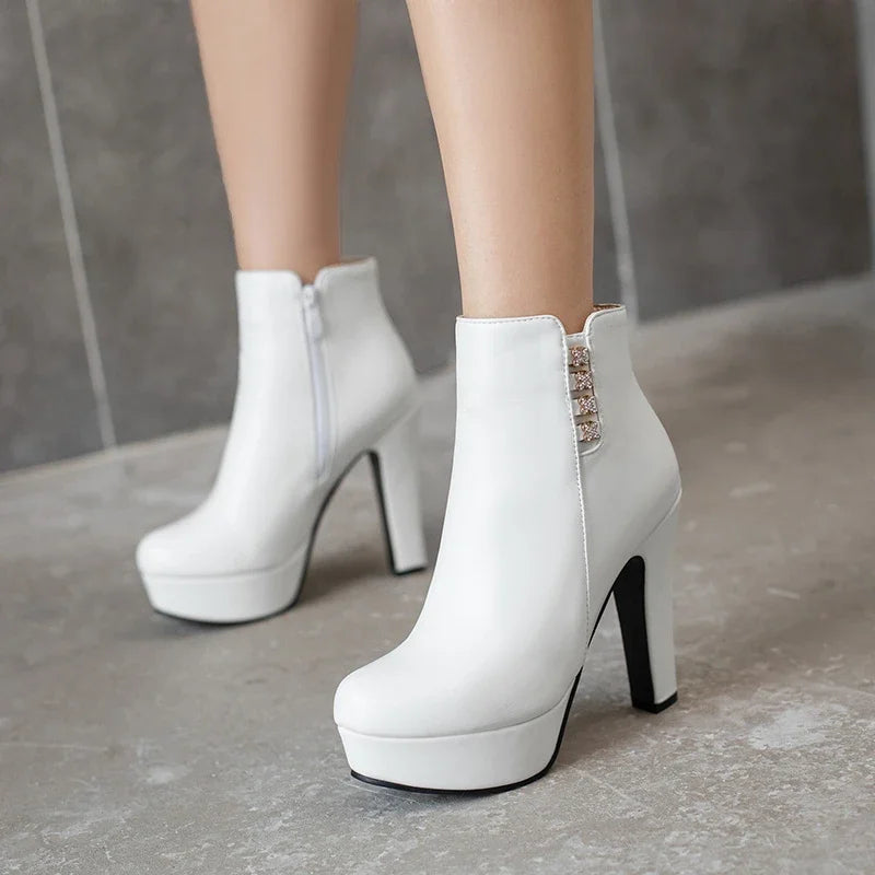 Damen-Stiefeletten mit Kristallblumenmuster, hohem Absatz und Reißverschluss für den Winter