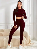 Ensemble Yoga Dentelle Sans Couture Bordeaux Haut Court Et Leggings