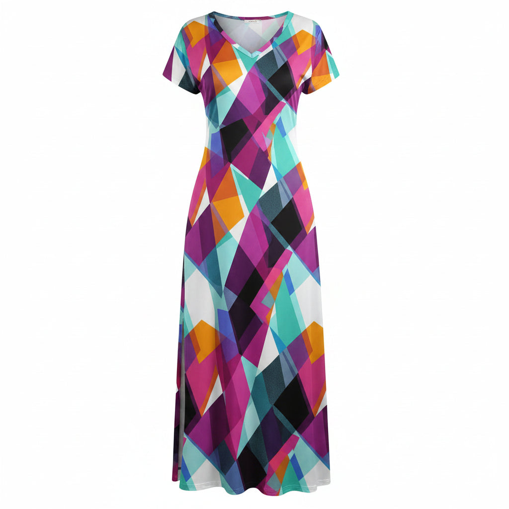 Damen Maxi-Sommerkleid, geblümt, V-Ausschnitt, kurze Ärmel, lässig, Strand-Stil, mit seitlichem Schlitz
