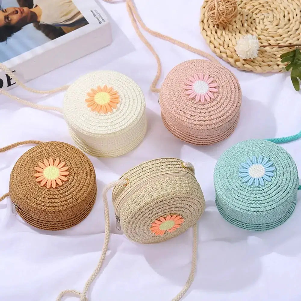 Sac à main rond en paille tressée – Motifs bonbons – Bandoulière fait main