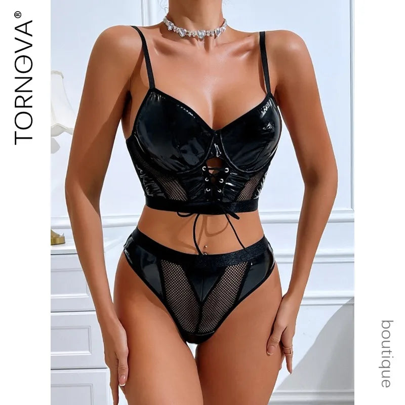 Tornova Lingerie Schwarzes Patchwork-Bustier und Höschen aus PU-Leder mit Schnürung