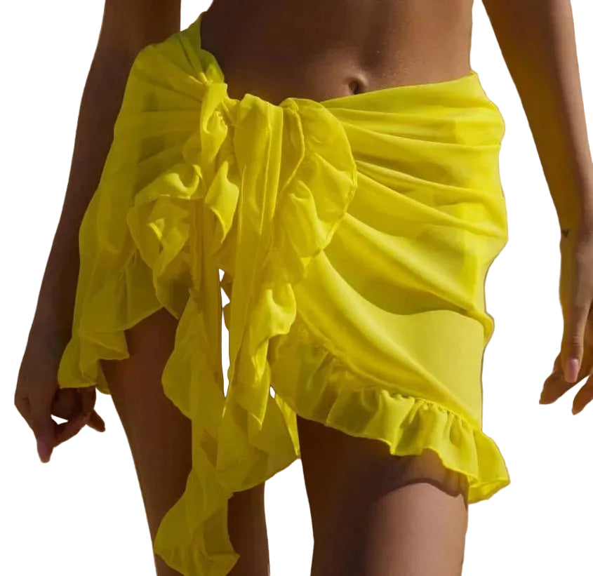 Jupe courte à volants – Sarong de plage jaune vif avec nœud latéral et ourlet volant