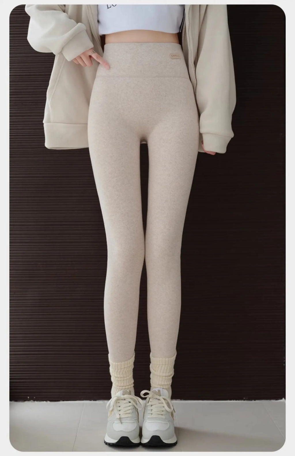 Leggings Femme Coton Spandex Polaire Gris Taille Haute