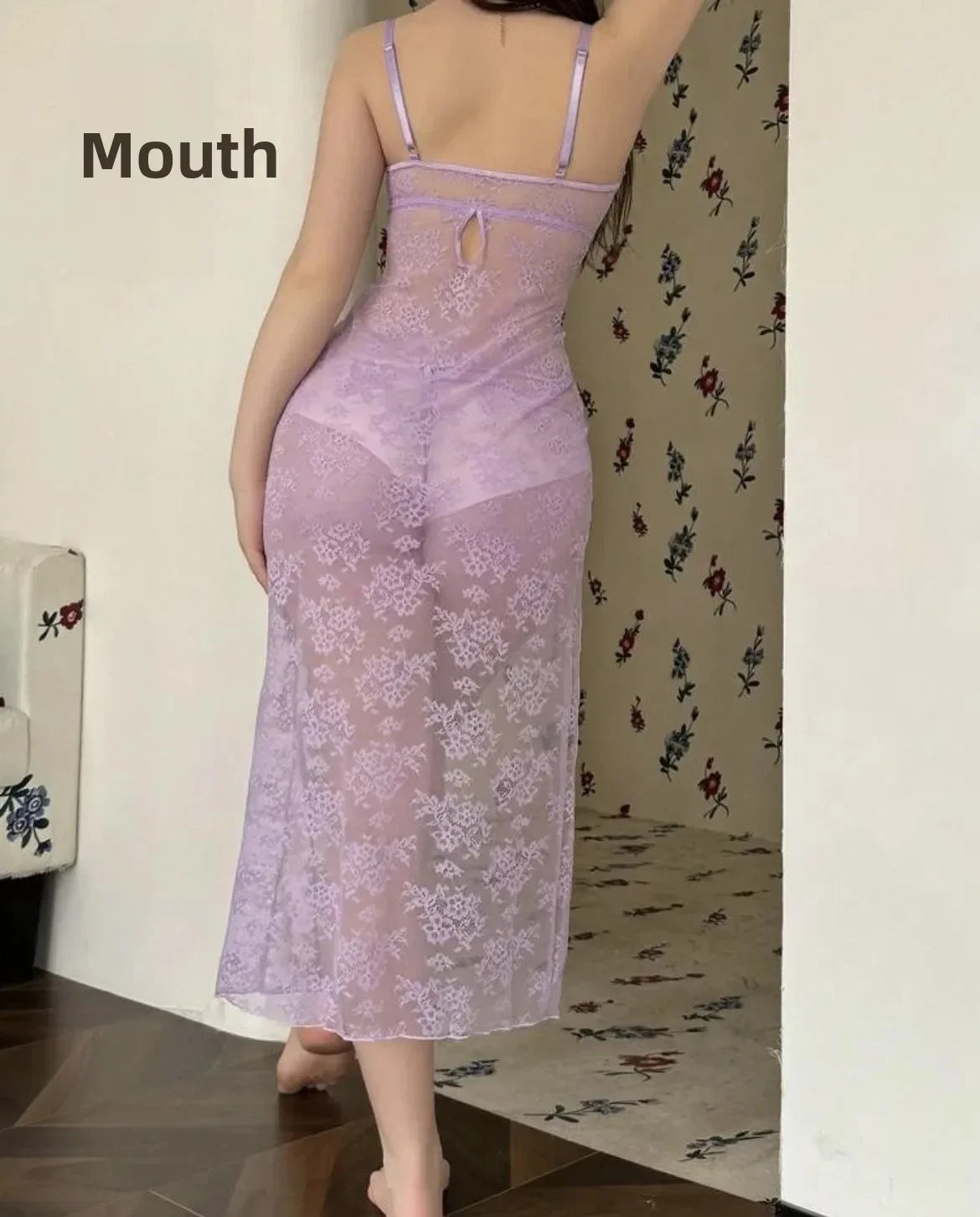 Maxszzq Nachthemd aus transparenter floraler Spitze