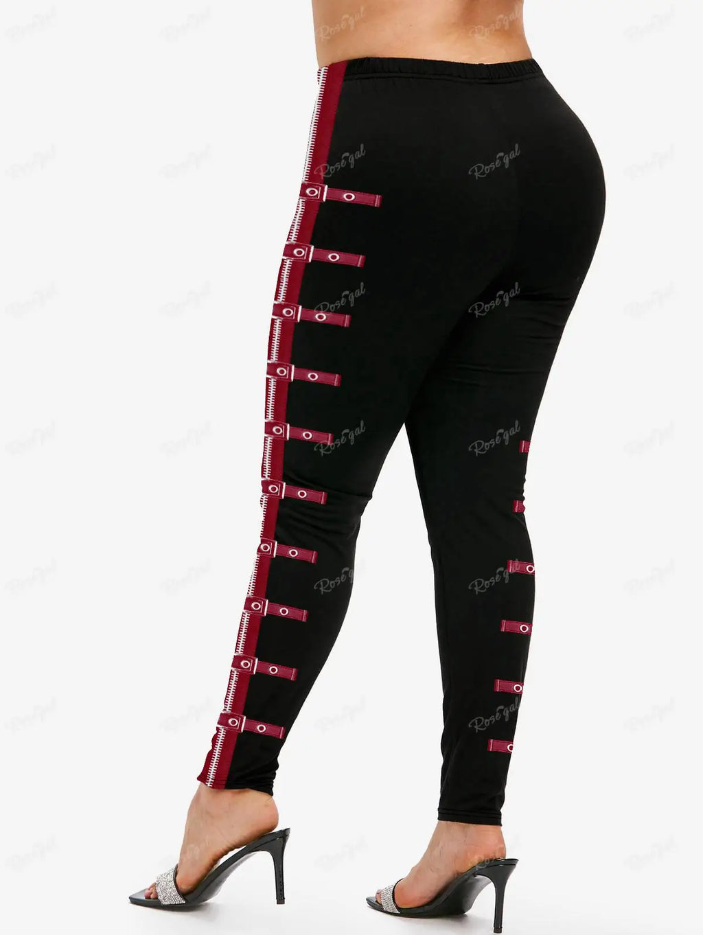 Gothic Leggings in Übergröße 5XL, bedruckte Schnallen, 3D-Reißverschluss, Pink