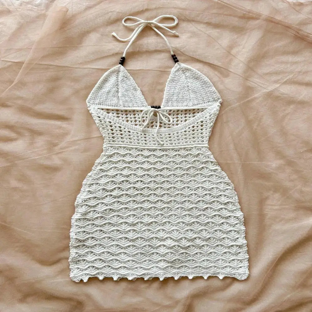 Robe d'été courte en maille à perles de bois – Soleia