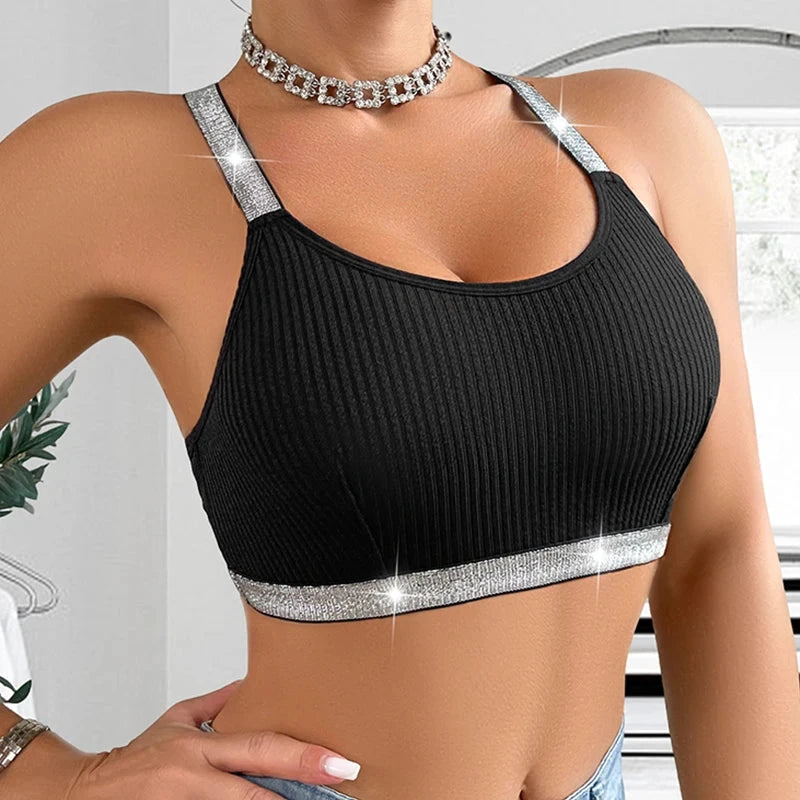 Schwarzes, geripptes Push-up-Bralette mit offenem Rücken und silbernen Trägern