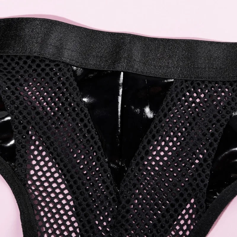 Tornova Lingerie Schwarzes Patchwork-Bustier und Höschen aus PU-Leder mit Schnürung