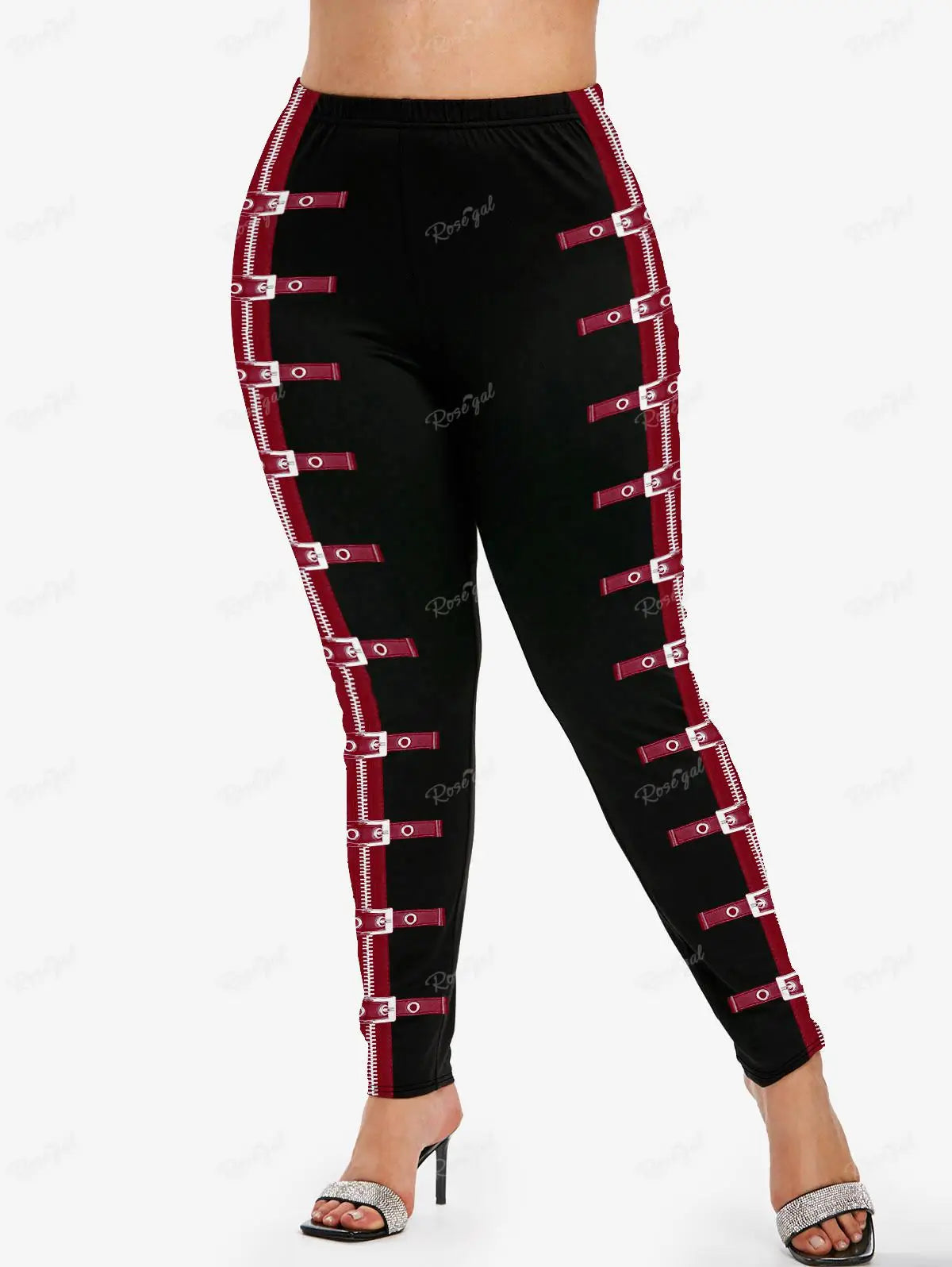 Gothic Leggings in Übergröße 5XL, bedruckte Schnallen, 3D-Reißverschluss, Pink