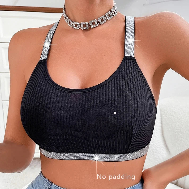 Schwarzes, geripptes Push-up-Bralette mit offenem Rücken und silbernen Trägern