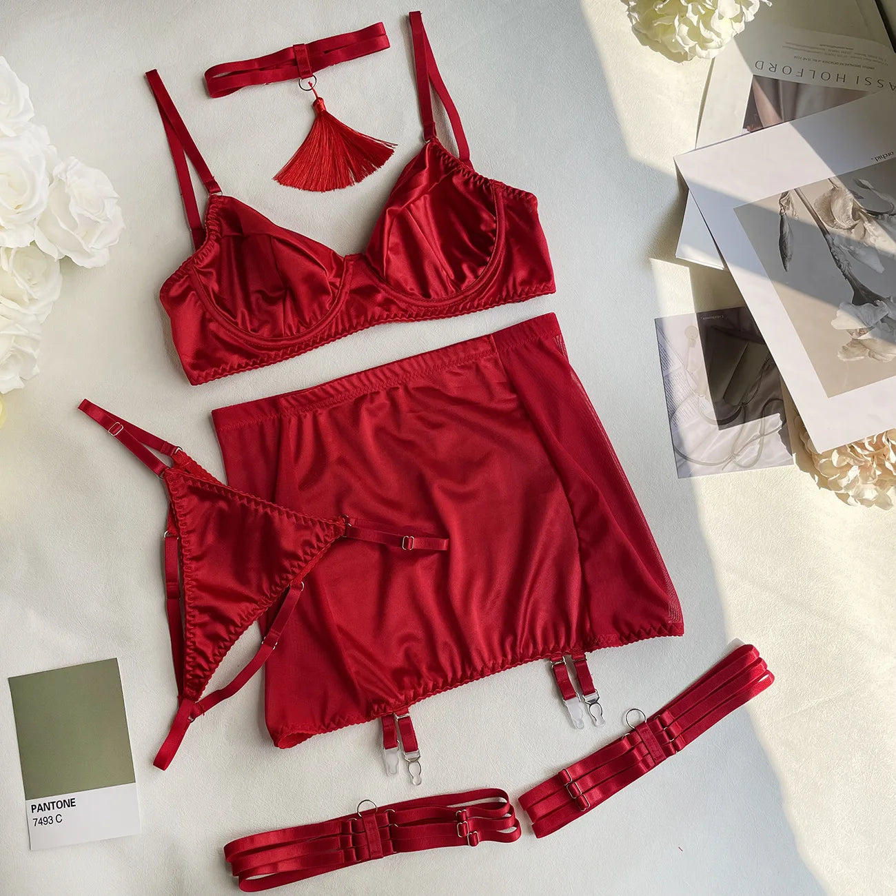 Ellolace Dessous-Set, feiner Satin und Spitze, Rot, 5-teilig