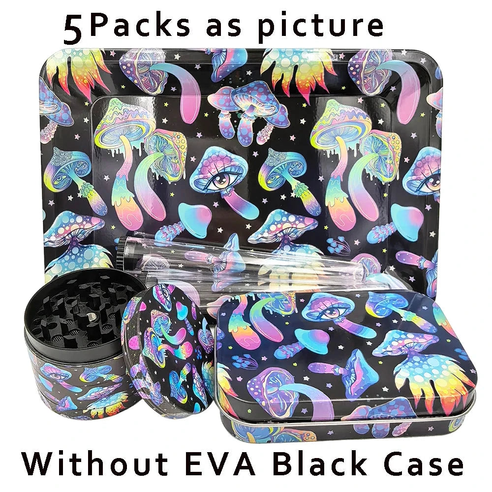 Grinder en métal – kit 5 pièces Ø50 mm avec motifs champignons multicolores sur fond noir