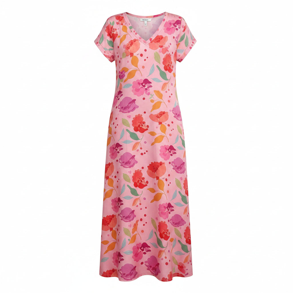 Damen Maxi-Sommerkleid, geblümt, V-Ausschnitt, kurze Ärmel, lässig, Strand-Stil, mit seitlichem Schlitz