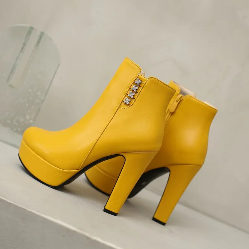 Damen-Stiefeletten mit Kristallblumenmuster, hohem Absatz und Reißverschluss für den Winter