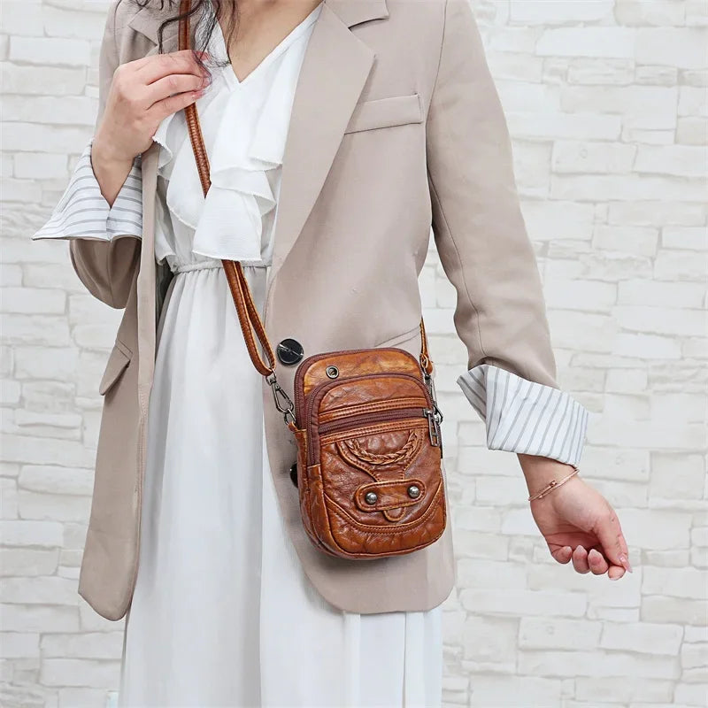 Sac Bandoulière Multifonctionnel Cuir PU Brun Vintage Pour Femmes