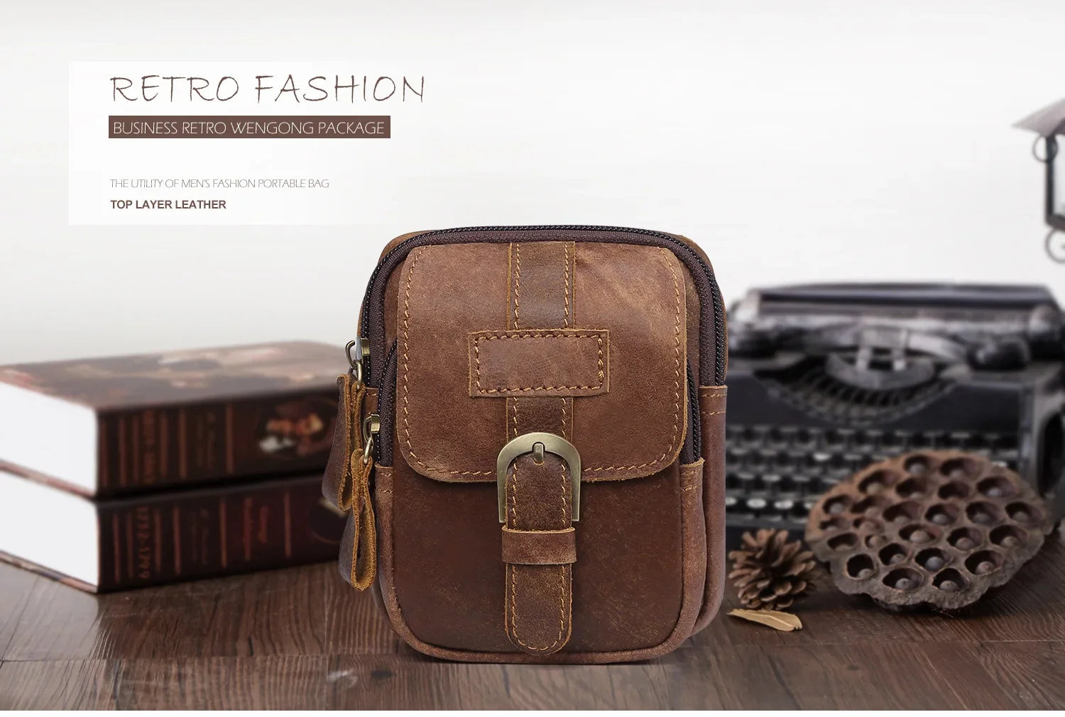 Sac de Taille en Cuir Brun avec Deux Compartiments et Fermeture Éclair