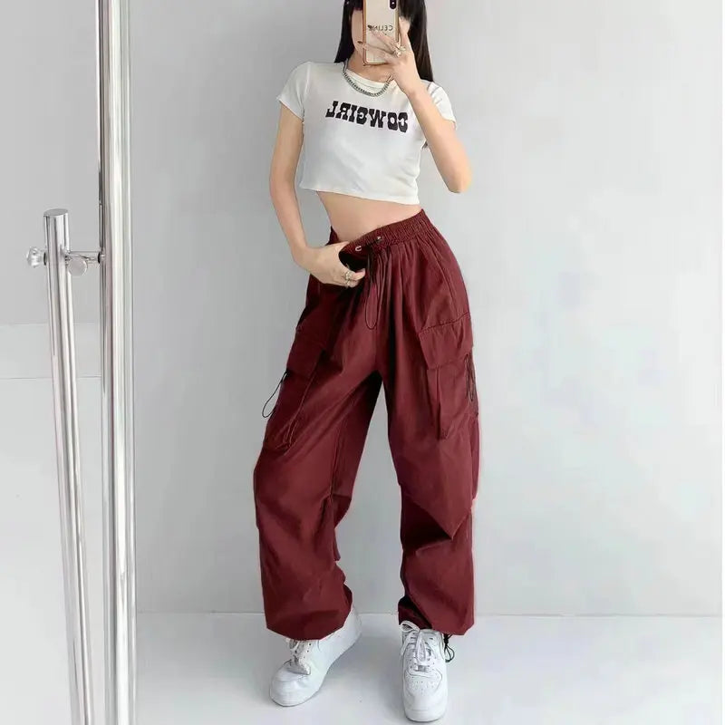 Beysaurt Damen Harajuku Baggy Cargohose mit elastischem Bund