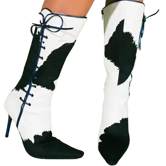 Halbhohe Stiefel, weißes und schwarzes Leder, seitlicher Reißverschluss, blau