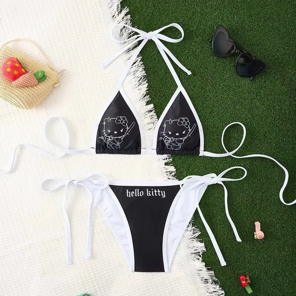 Kawaii Cosplay Two-Piece Bikini with Cat Print – Kuromi Y2K