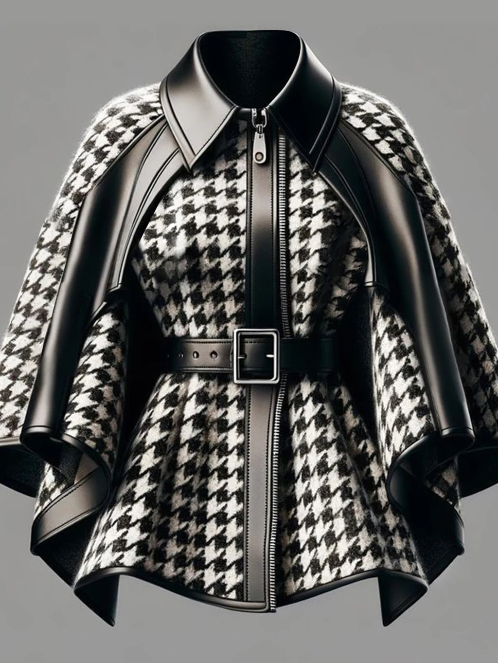 Veste Femme Pied-De-Poule Cape Asymétrique Zip Harajuku Style