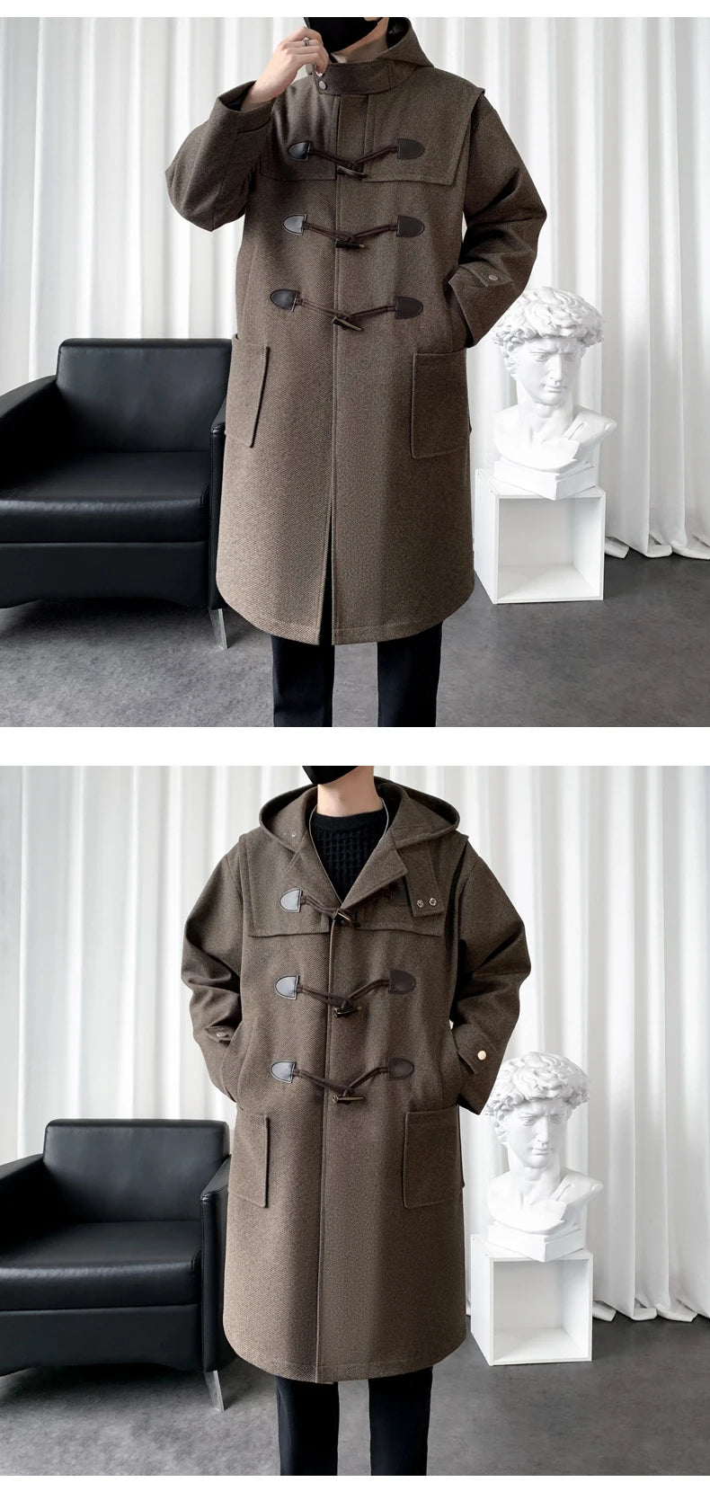 MISNIK Manteau Long Polyester Noir Café Fermeture Toggle