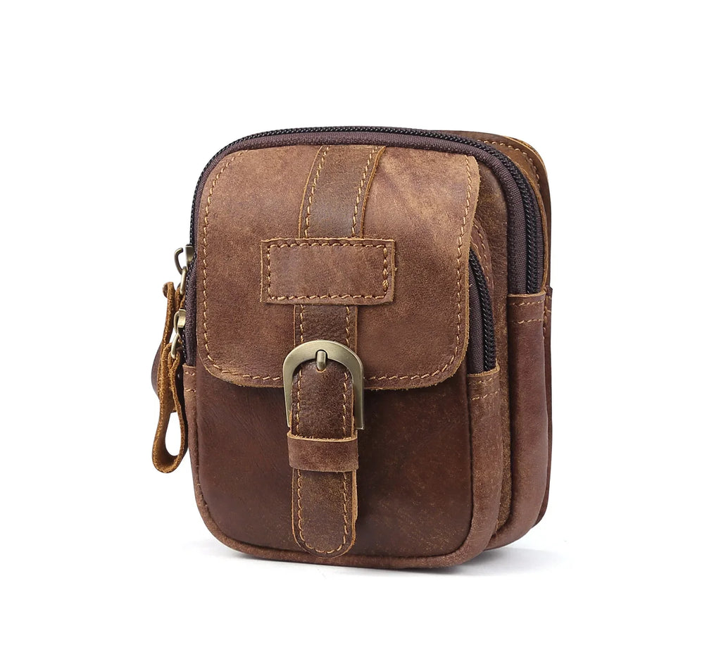 Sac de Taille en Cuir Brun avec Deux Compartiments et Fermeture Éclair