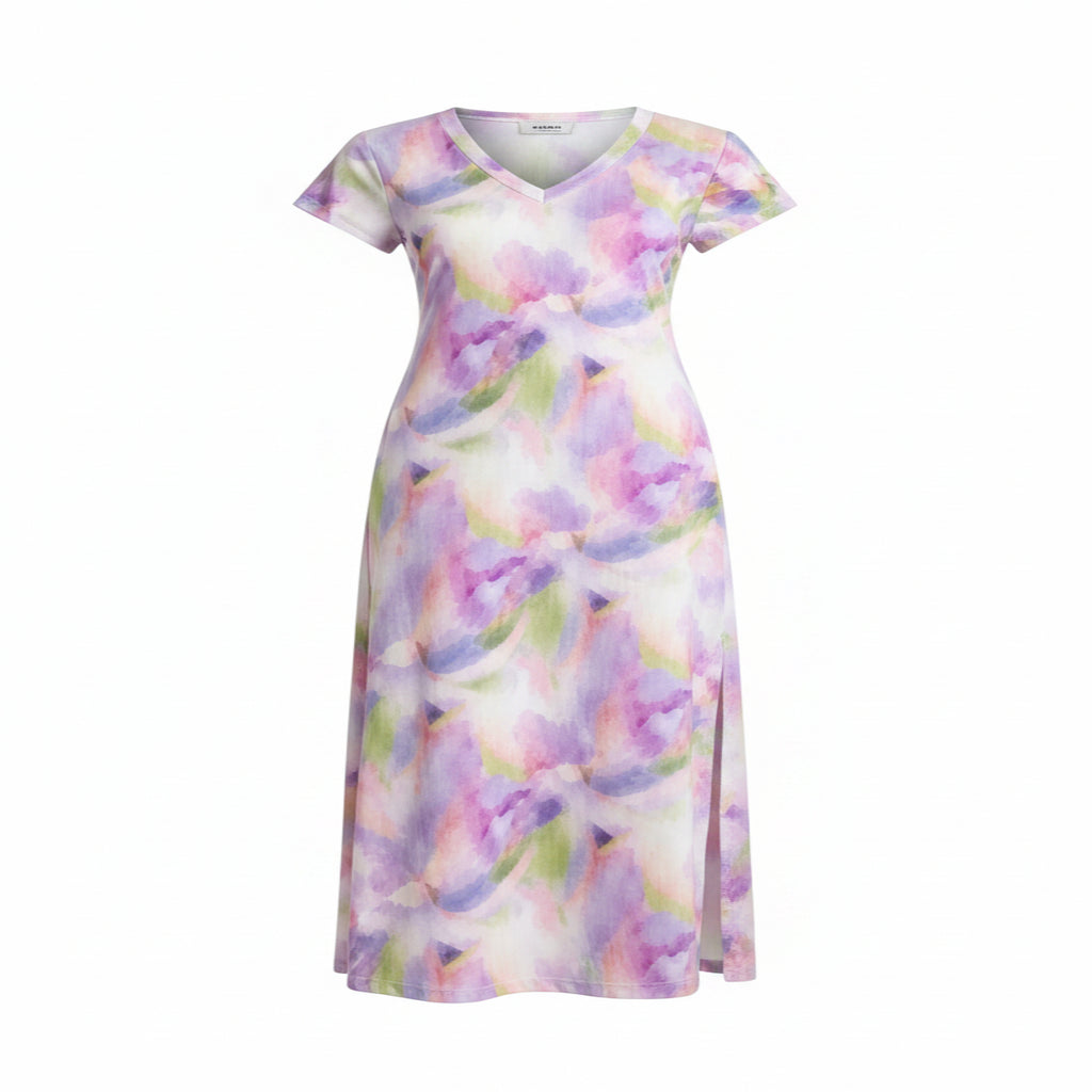 Women's Bohemian Floral Long Dress, V-Neck, Short Sleeve, Side Slit, Casual, for Beach and Travel