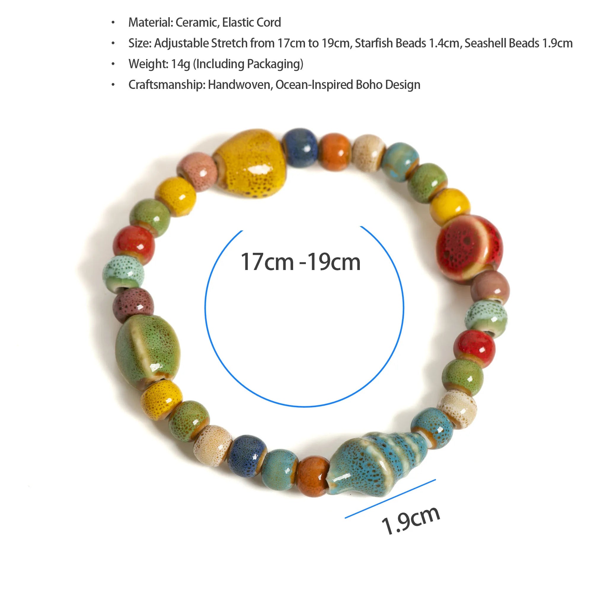 Bracelet de perles en céramique – Motifs étoile de mer et coquillage – Boho Plage