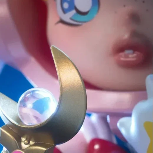 Figurine PVC POP MART Skullpanda × Sailor Moon, gold crescent moon accessory, close-up of Sailor Moon face.