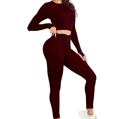 Burgunderfarbenes nahtloses Yoga-Set aus Spitze: Crop-Top und Leggings