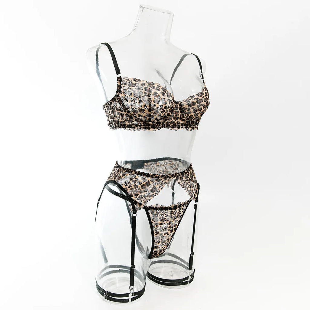 Krasapt 4-teiliges Dessous-Set mit Leopardenmuster