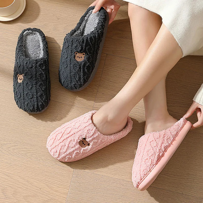 Pantoufles Peluche Ours Dessin Animé Semelle Épaisse Rose