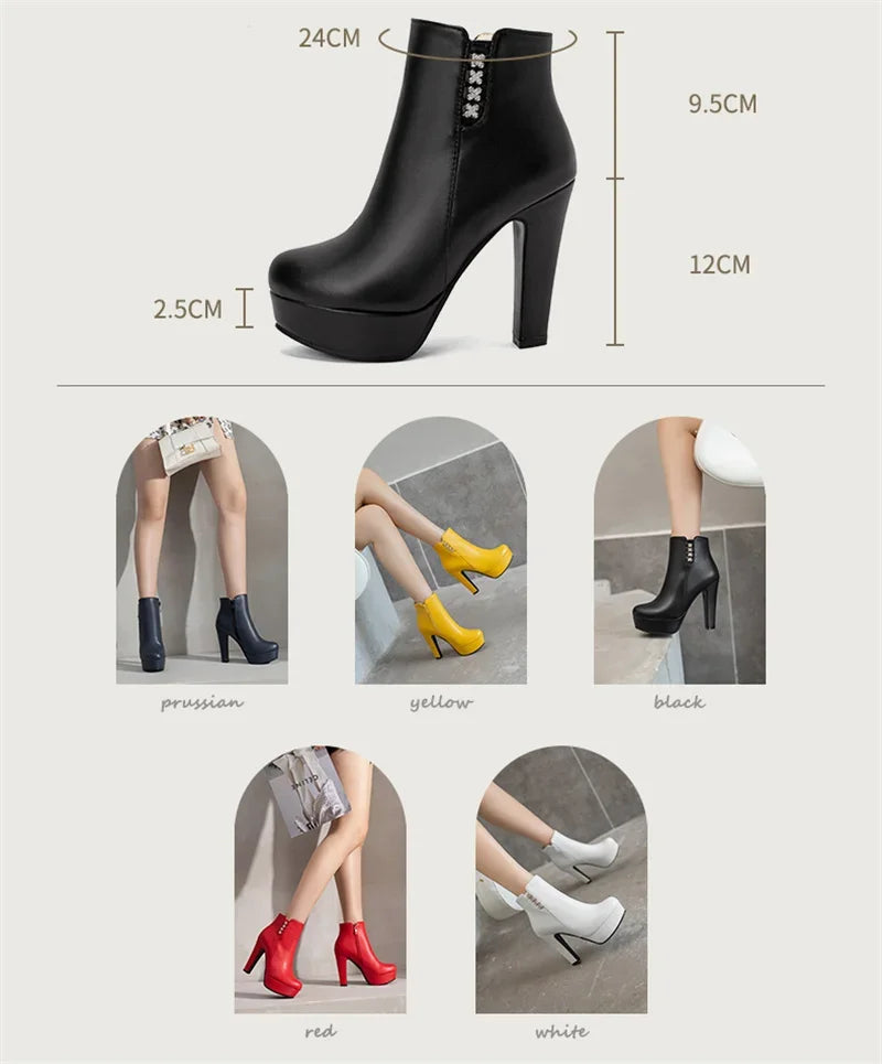 Damen-Stiefeletten mit Kristallblumenmuster, hohem Absatz und Reißverschluss für den Winter