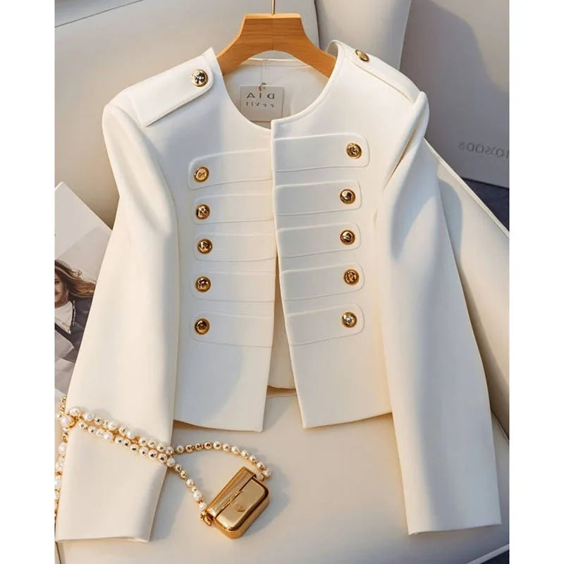 LBP Baiping Veste Femme Court Blanc Boutons Dorés Double Rangée