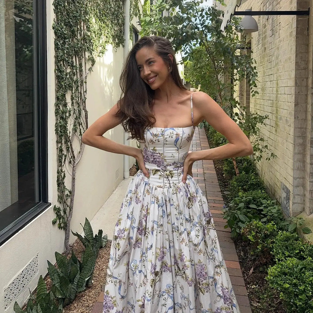 Mingmingxi Sommerkleid mit elegantem Blumenmuster, Neuheiten 2025, Spaghetti-Träger, ausgestelltes Maxikleid, Urlaub, Partykleider für Damen